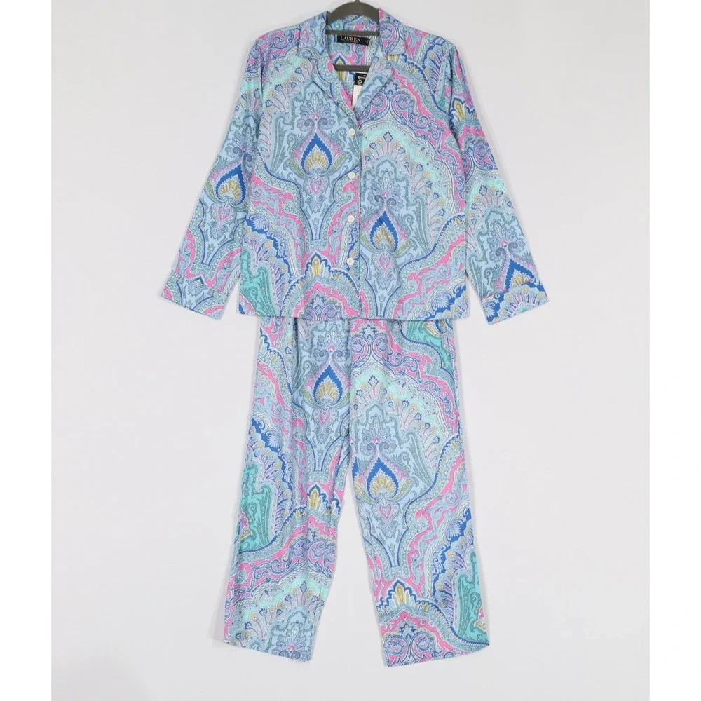 Lauren Ralph Lauren Pajama Set Women XS Blue Paisley Gift Boho Holiday $74 NWT